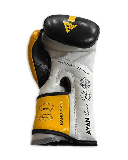 White, black, and yellow handmade leather boxing glove with Fighter's Choice text and logos
