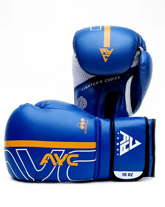 Blue and yellow 16 oz boxing gloves with AYC logo, designed for training or sparring.