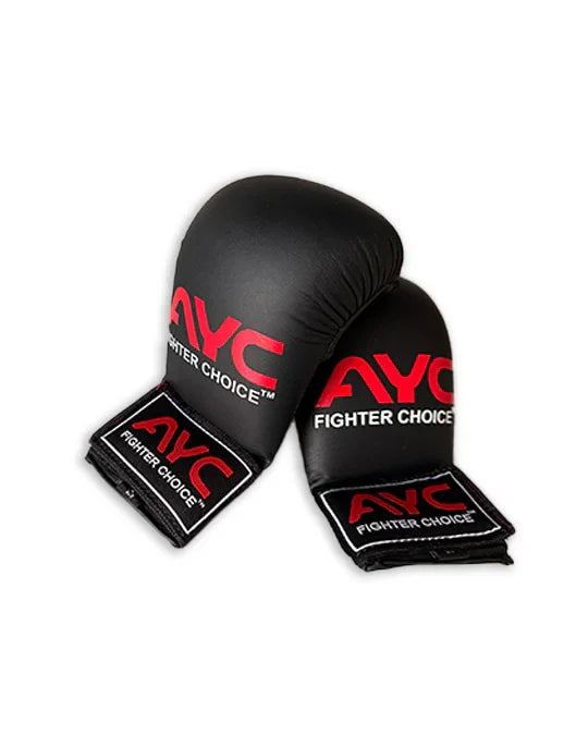 Black boxing gloves with red AYC Fighter Choice logo, sports equipment on white background