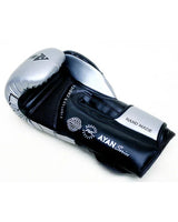 Black and silver handmade boxing glove with mesh panel and AYAN Series logo, sports equipment