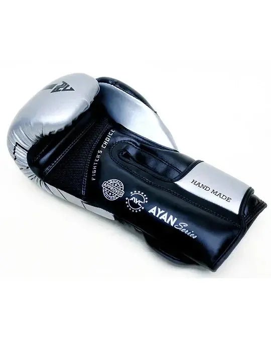Black and silver handmade boxing glove with mesh panel and AYAN Series logo, sports equipment