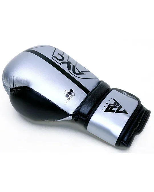 Silver and black boxing glove with HI-TECH logo, suitable for combat sports training