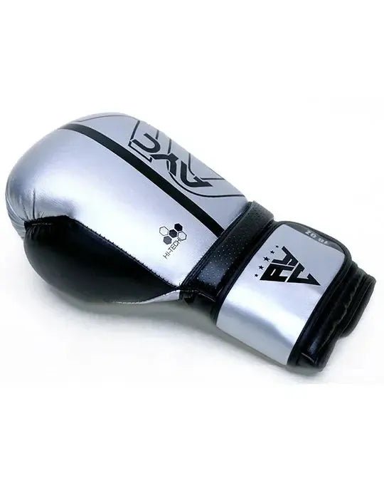 Silver and black boxing glove with HI-TECH logo, suitable for combat sports training