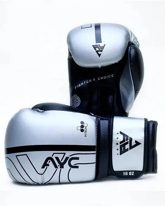 Silver and black boxing gloves with AYC logo and 'Fighter's Choice' design, 16 oz size