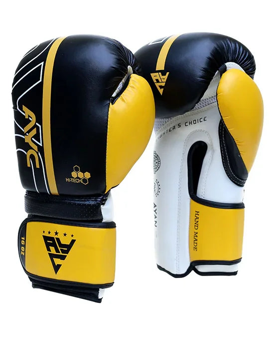 Black and yellow boxing gloves with white accents, featuring ergonomic design and bold logo.
