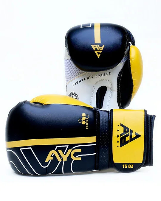 Black and yellow boxing gloves with AYC logo, 16 oz size, for training or sparring.