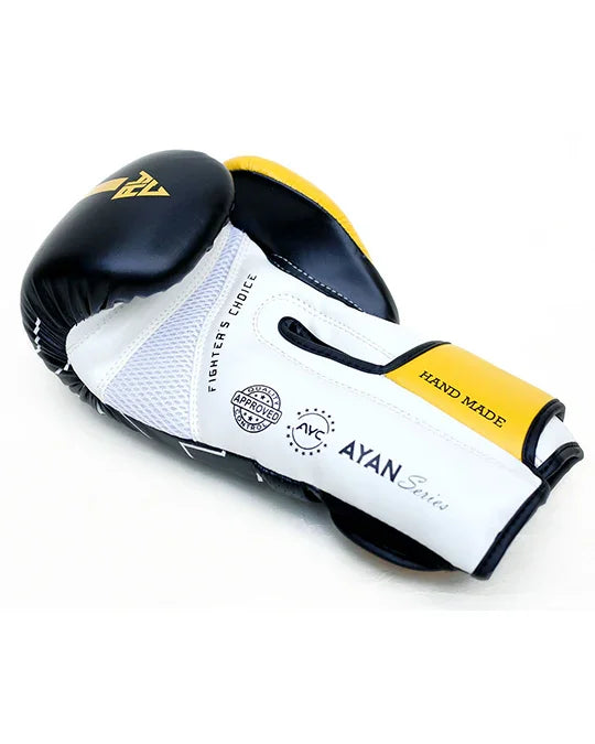 Black, white, and yellow handmade boxing glove, mesh design, Ayan Series, for fighters
