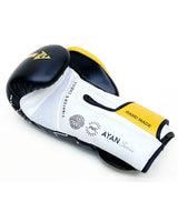Black, white, and yellow handmade boxing glove, mesh design, Ayan Series, for fighters