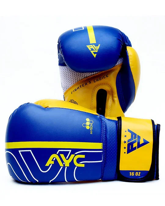 Blue and yellow 16 oz boxing gloves with AYC logo and Fighter's Choice text, sports gear.