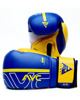 Blue and yellow 16 oz boxing gloves with AYC logo and Fighter's Choice text, sports gear.