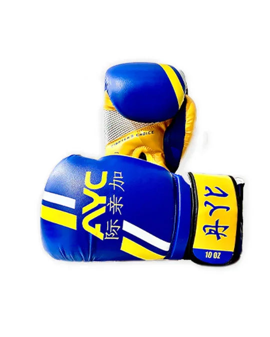 Blue and yellow boxing gloves with white stripes and text, 10 oz size, isolated on white background.