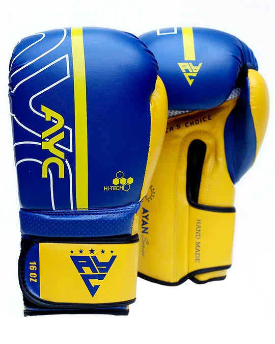 Blue and yellow boxing gloves with bold graphics, 16 oz, sport equipment close-up