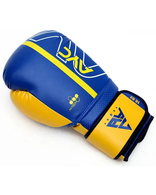 Blue and yellow boxing glove with AYC logo and Hi-Tech label, sports equipment.