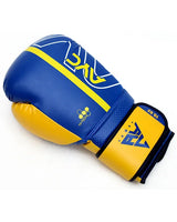 Blue and yellow boxing glove with AYC logo and Hi-Tech label, sports equipment.