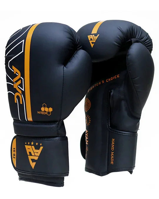 Black and gold boxing gloves, synthetic leather, ergonomic padding, 16 oz, handmade design