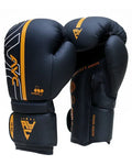 Black and gold boxing gloves, synthetic leather, ergonomic padding, 16 oz, handmade design