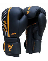 Black and gold boxing gloves, synthetic leather, ergonomic padding, 16 oz, handmade design