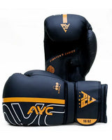 Black and gold 16 oz boxing gloves with AYC logo and 'Fighter's Choice' text, pro style.