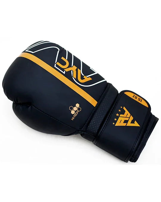 Black and gold boxing glove with geometric pattern and Hi-Tech logo, 16oz size