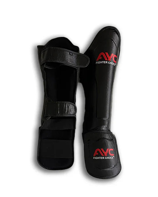 Black martial arts shin guards with red fighter logo and adjustable straps, front and back view