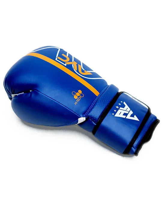 Blue boxing glove with yellow accent stripe and hi-tech logo, suitable for combat sports.