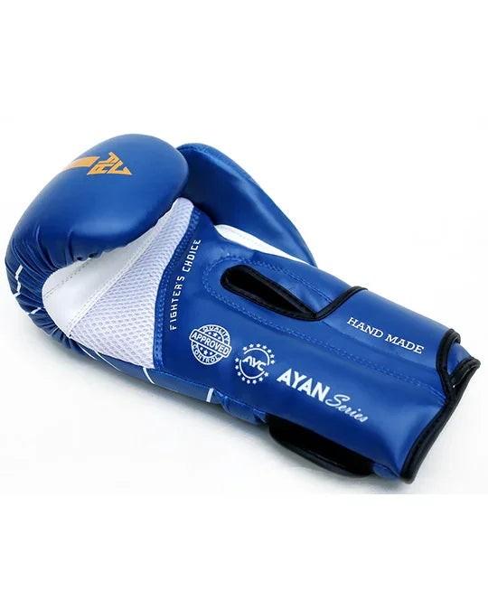 Blue and white handmade boxing glove with mesh panel and AYAN Series branding, angled view