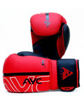 Red and black boxing gloves with wrist strap, 16 oz size, bold modern design