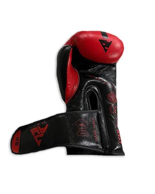 Black and red leather boxing glove with open wrist strap and visible logo