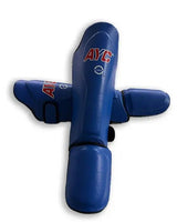 Blue martial arts shin and foot guards with AYC logo, protective sports gear