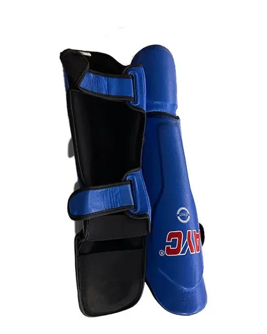 Blue shin guard with adjustable straps and padding, suitable for sports protection