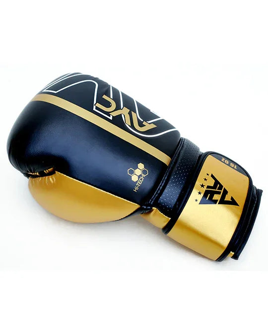 Black and gold boxing glove with bold logo and wrist strap, isolated on white background