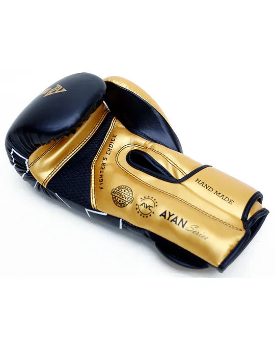 Gold and black handcrafted boxing glove with mesh panel and AYAN Series branding