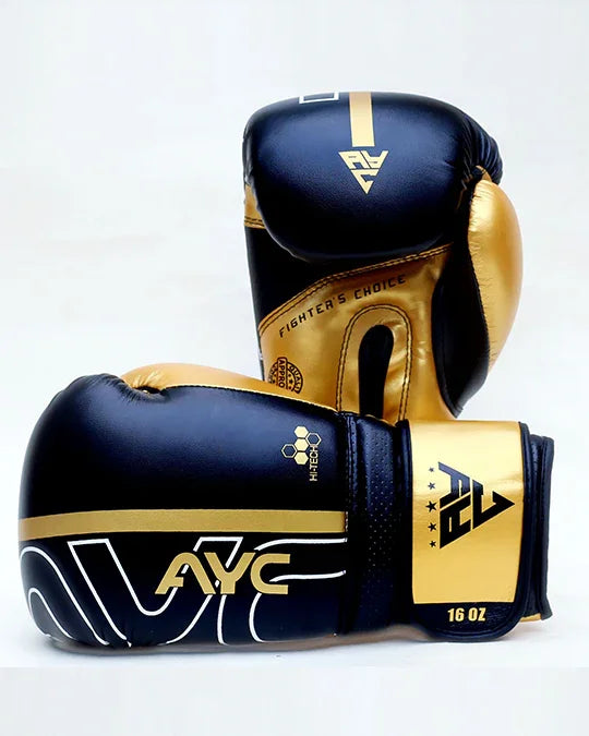 Black and gold boxing gloves with AYC logo, 16 oz, labeled fighter's choice
