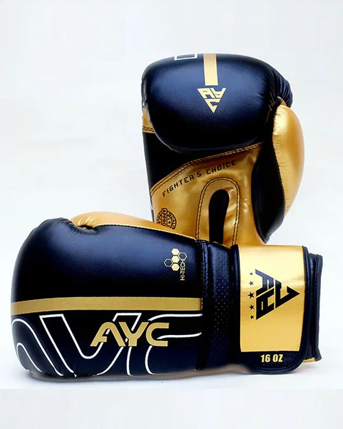 Black and gold boxing gloves with AYC logo, 16 oz, labeled fighter's choice