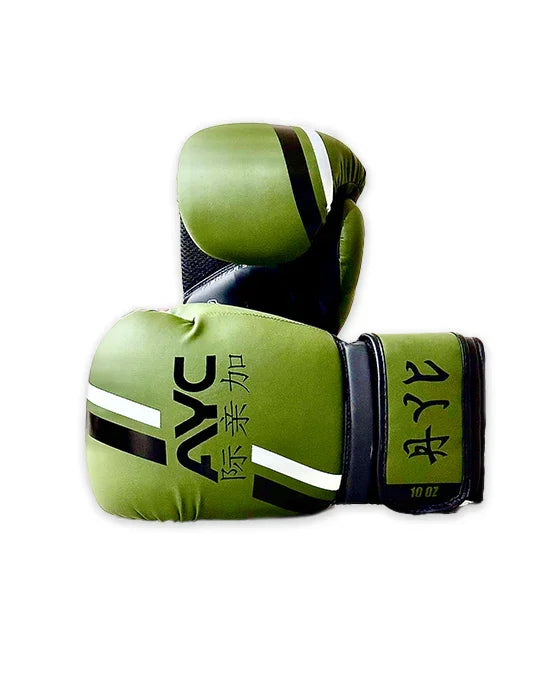 Green boxing gloves with black and white stripes and Asian characters, 10 oz size