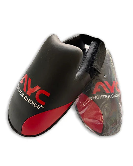 Black and red martial arts sparring gloves with AYC Fighter Choice logo