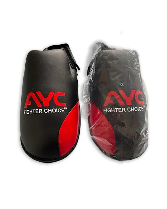 Pair of black and red boxing focus pads with 'Fighter Choice' logo, one in plastic wrap