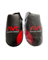 Pair of black and red boxing focus pads with 'Fighter Choice' logo, one in plastic wrap
