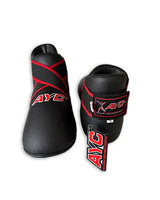 Black and red martial arts ankle guards with AYC logo, displayed on white background