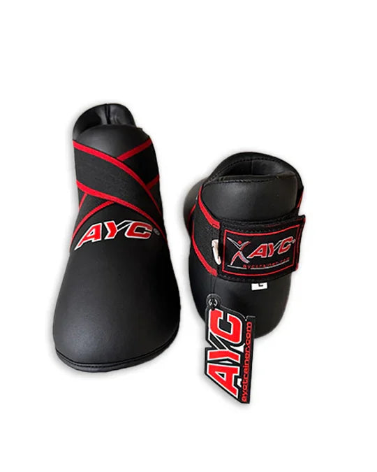 Black and red martial arts ankle guards with AYC logo, displayed on white background