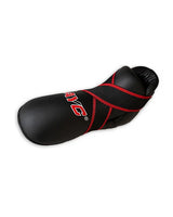 Black martial arts sparring foot guard with red stripes and padded instep protection