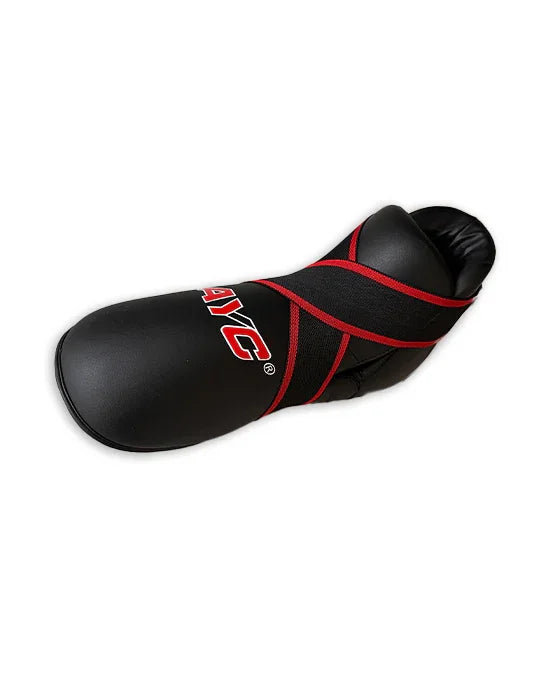 Black martial arts sparring foot guard with red stripes and padded instep protection