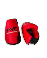 Red martial arts sparring gloves with black trim and 'AYC Fighter Choice' text on front