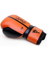 Orange and black boxing glove with sporty design, suitable for training or sparring