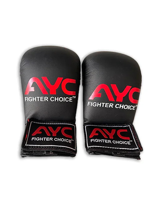 Black boxing gloves with red AYC Fighter Choice branding, Velcro straps, isolated on white
