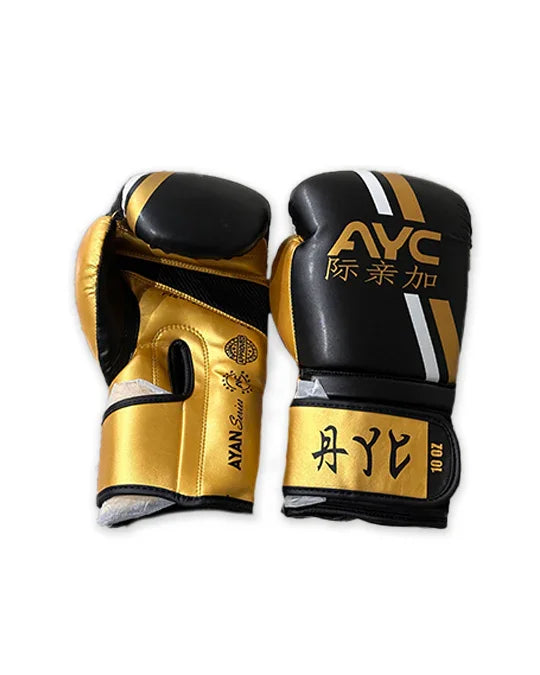 Black and gold boxing gloves with white stripes and Chinese characters, 10oz size.