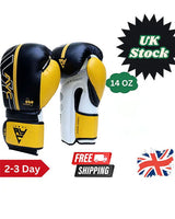 Pair of yellow, black and white AYC boxing gloves, 14 oz (size L), UK stock with free 2–3 day shipping