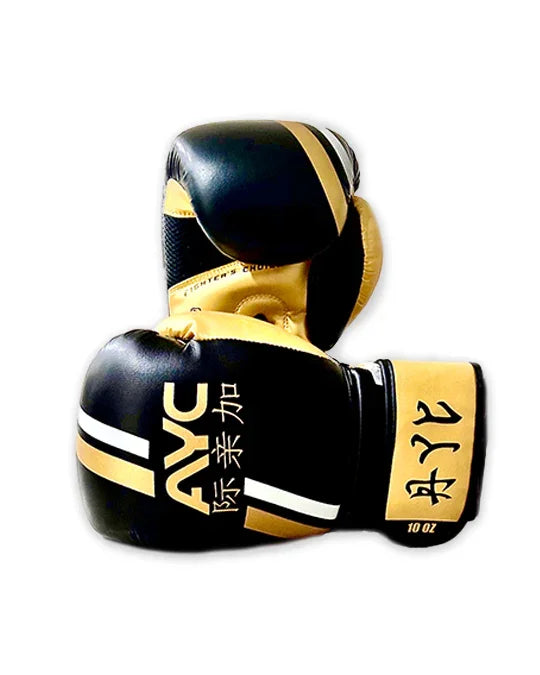 Black and gold boxing gloves with AYC logo and Asian characters, 10 oz size