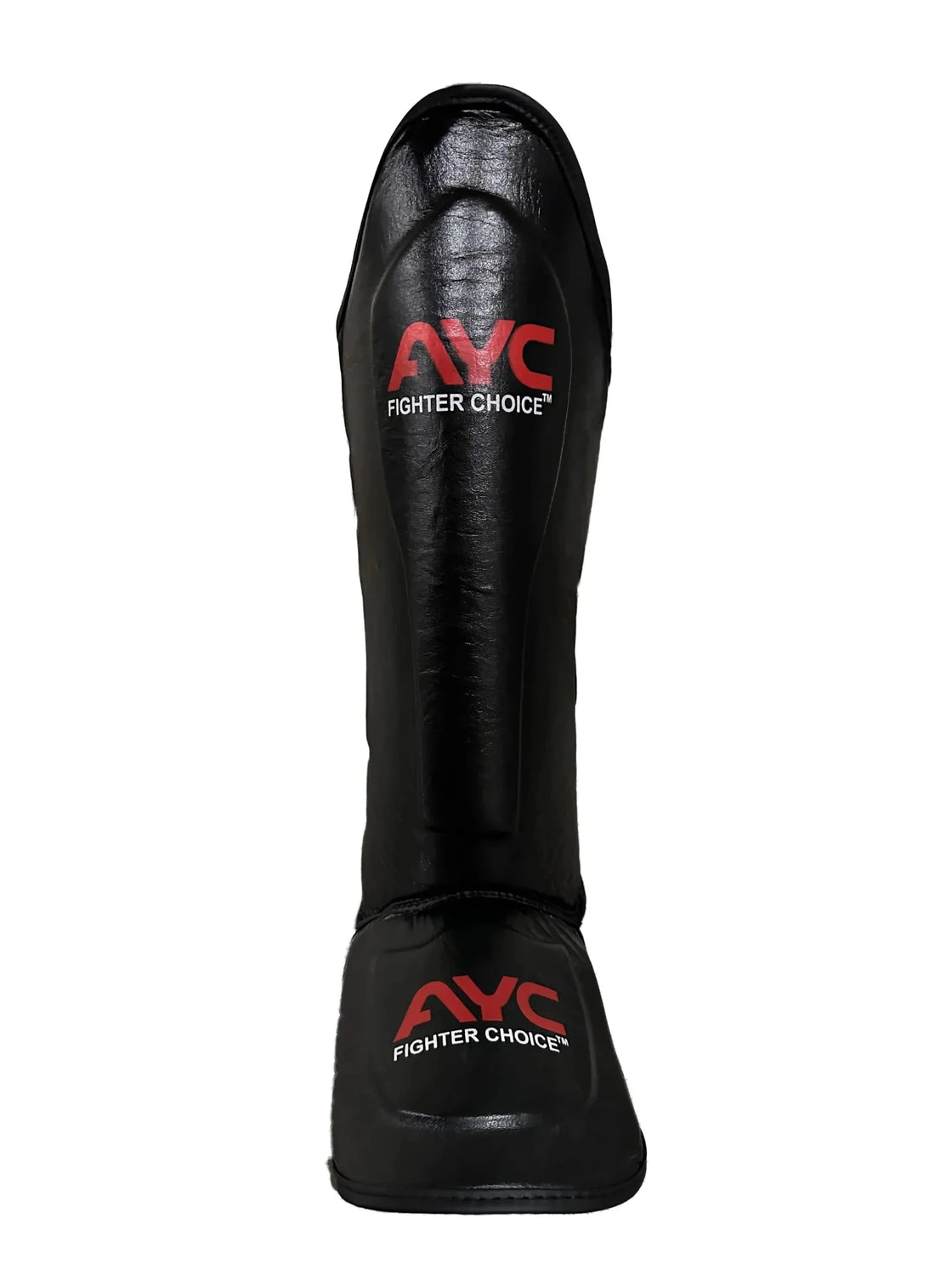 Black martial arts shin guard with red AYC Fighter Choice logo, protective sports gear