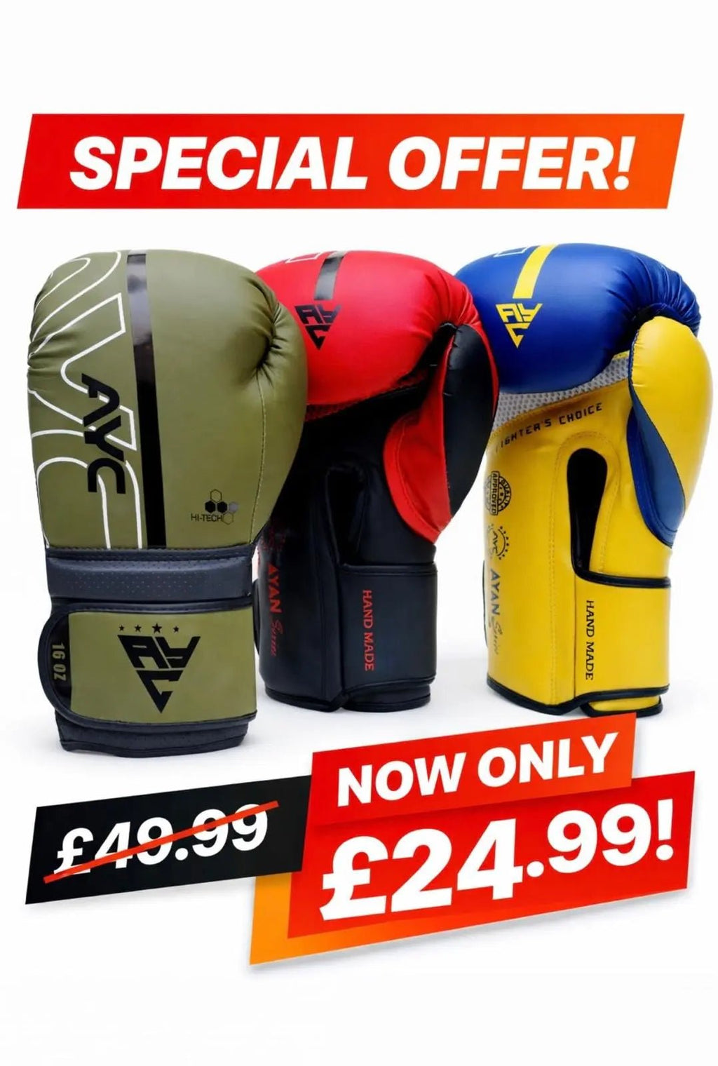 Three AYC boxing gloves (green, red/black, yellow/blue)